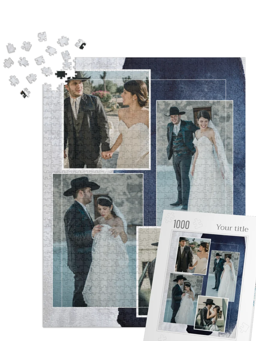 Blue & White Custom Photo Collage Jigsaw Puzzle (4 Photos, Portrait)
