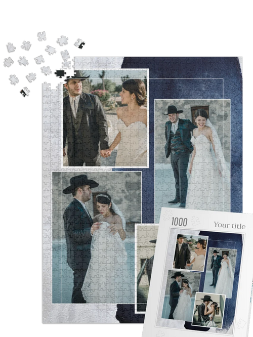 Blue & White Custom Photo Collage Jigsaw Puzzle (4 Photos, Portrait)