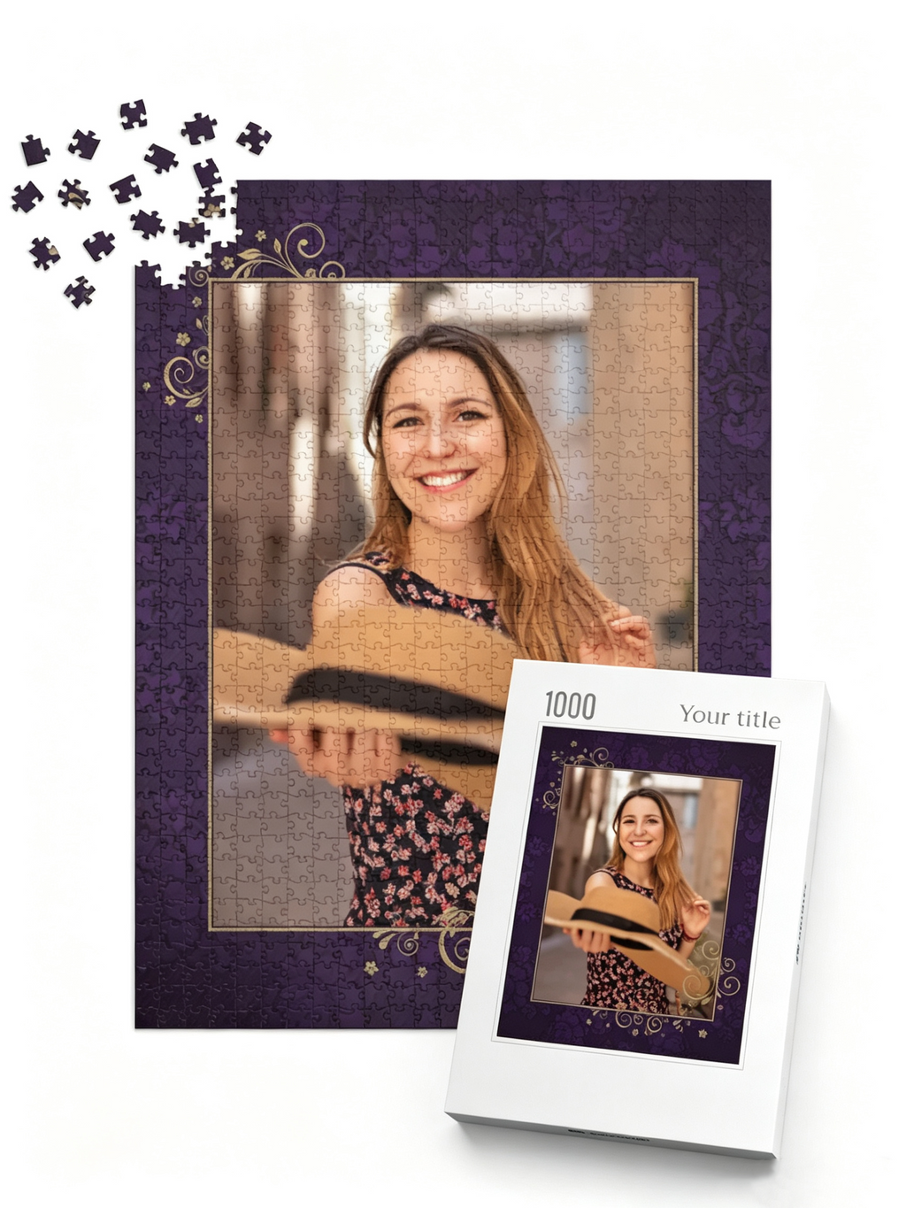 Gold & Purple Floral Custom Photo Jigsaw Puzzle (1 Photo, Portrait)