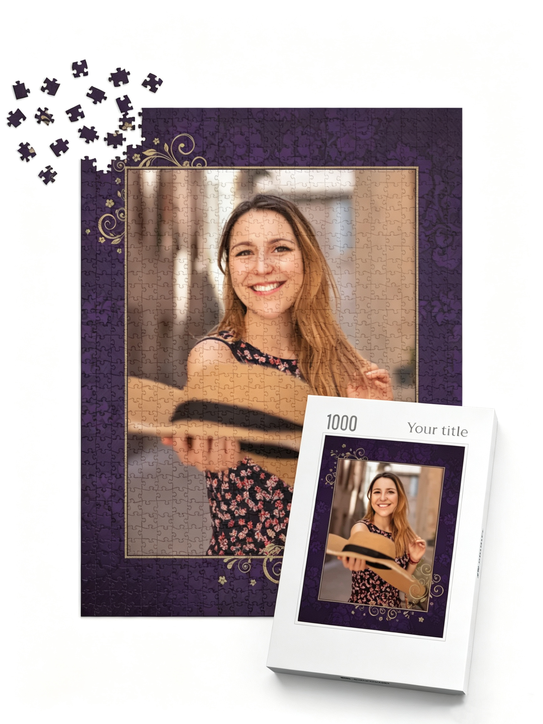 Gold & Purple Floral Custom Photo Jigsaw Puzzle (1 Photo, Portrait)