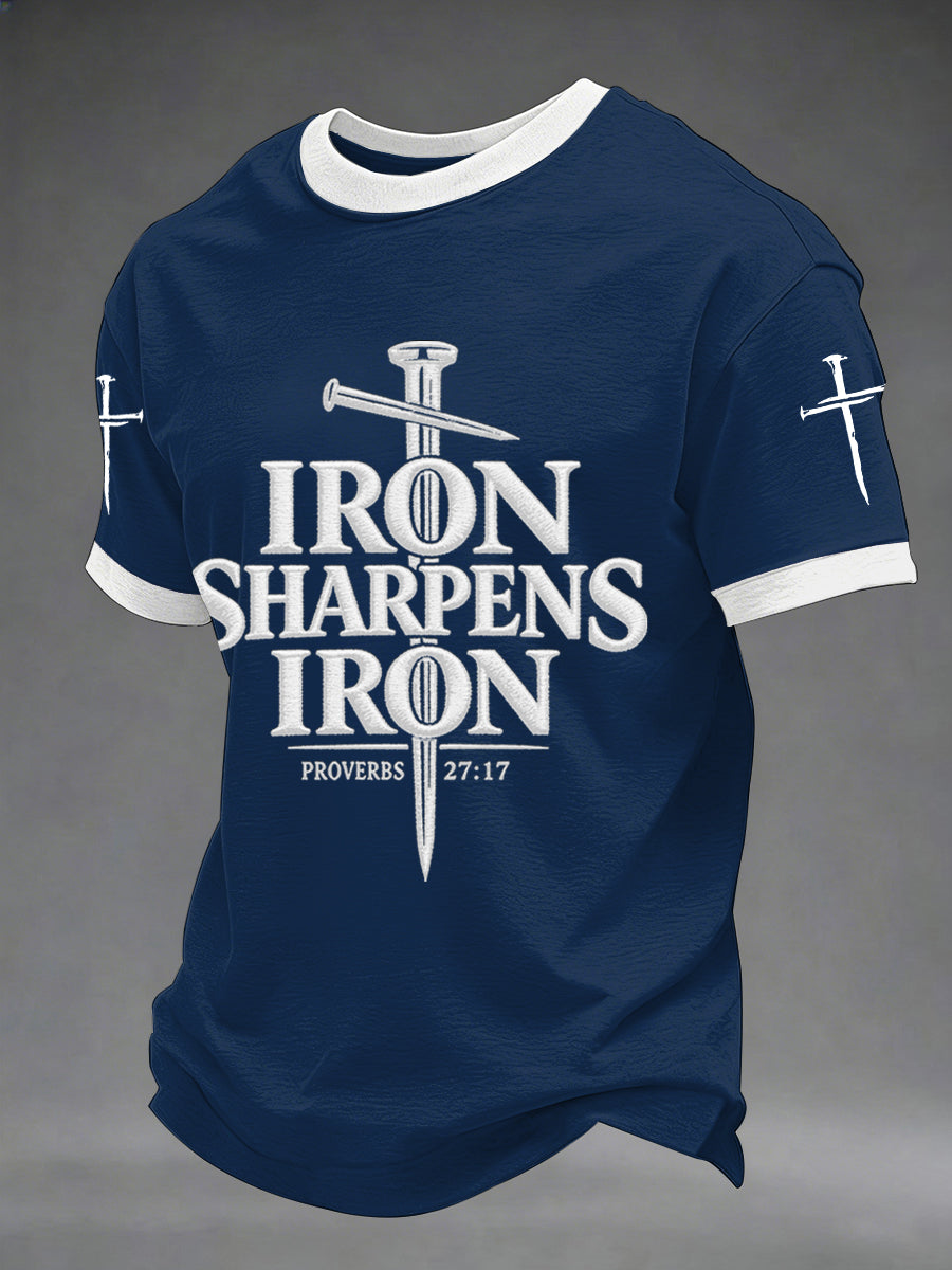 Men's Iron Sharpens Iron Proverbs 27:17 Christian Cross Print Casual Tee