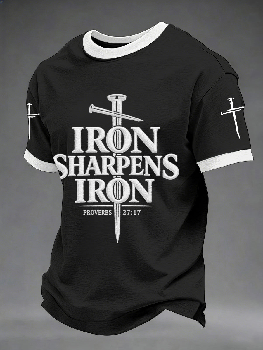Men's Iron Sharpens Iron Proverbs 27:17 Christian Cross Print Casual Tee
