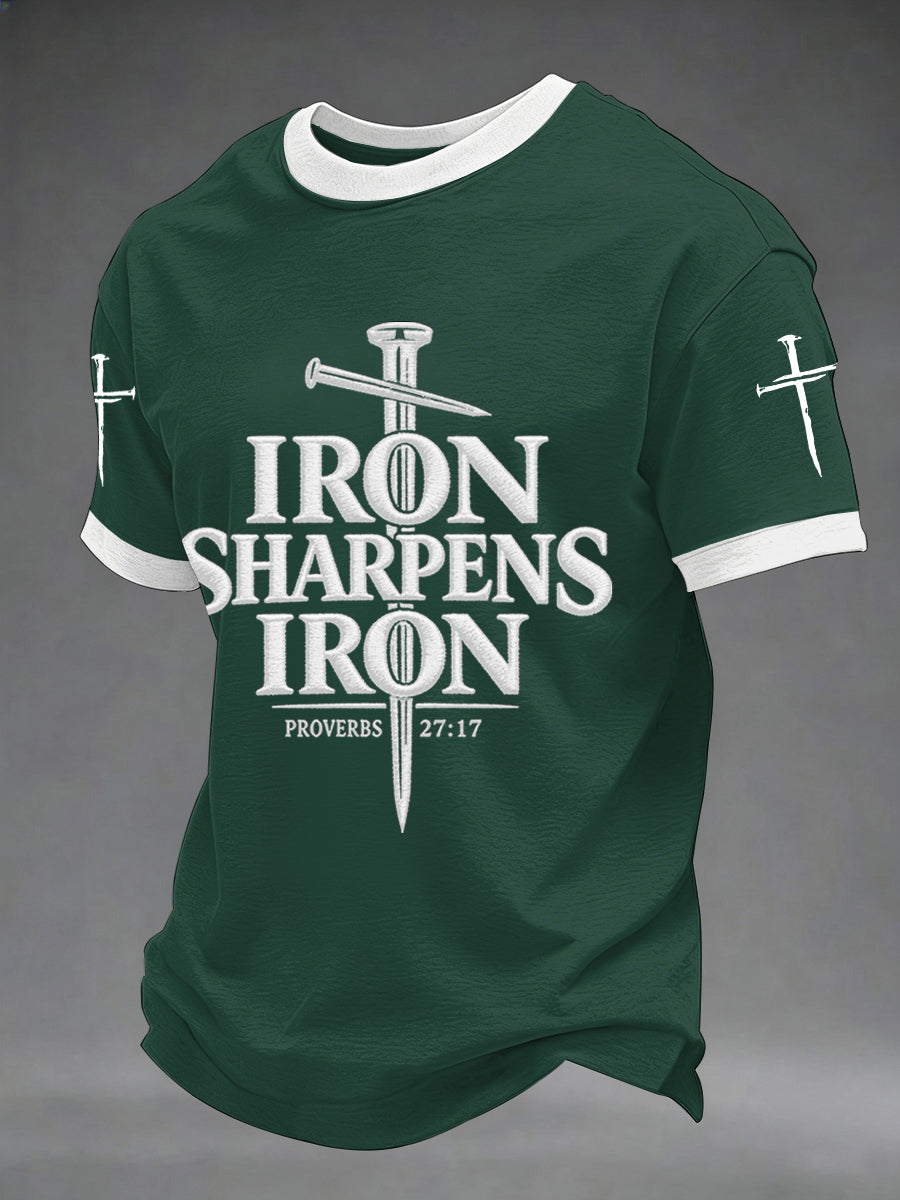 Men's Iron Sharpens Iron Proverbs 27:17 Christian Cross Print Casual Tee