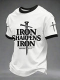 Men's Iron Sharpens Iron Proverbs 27:17 Christian Cross Print Casual Tee