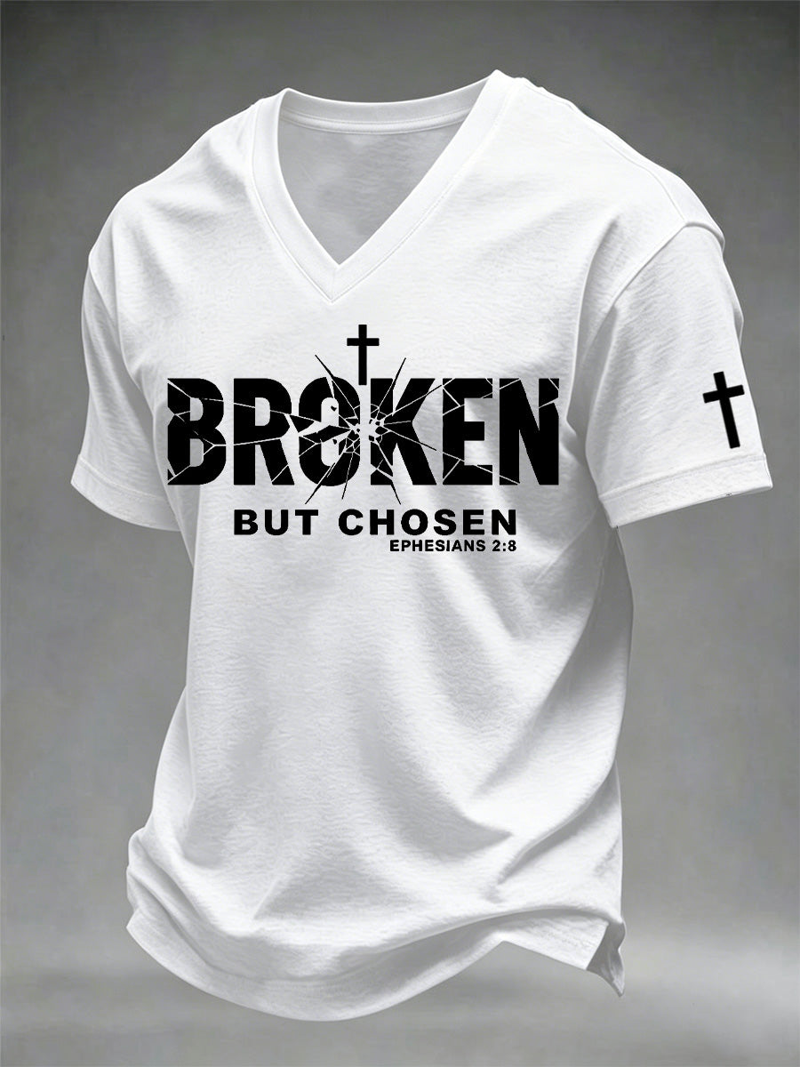 Men's Christian Cross Broken But Chosen Print V-Neck Tee