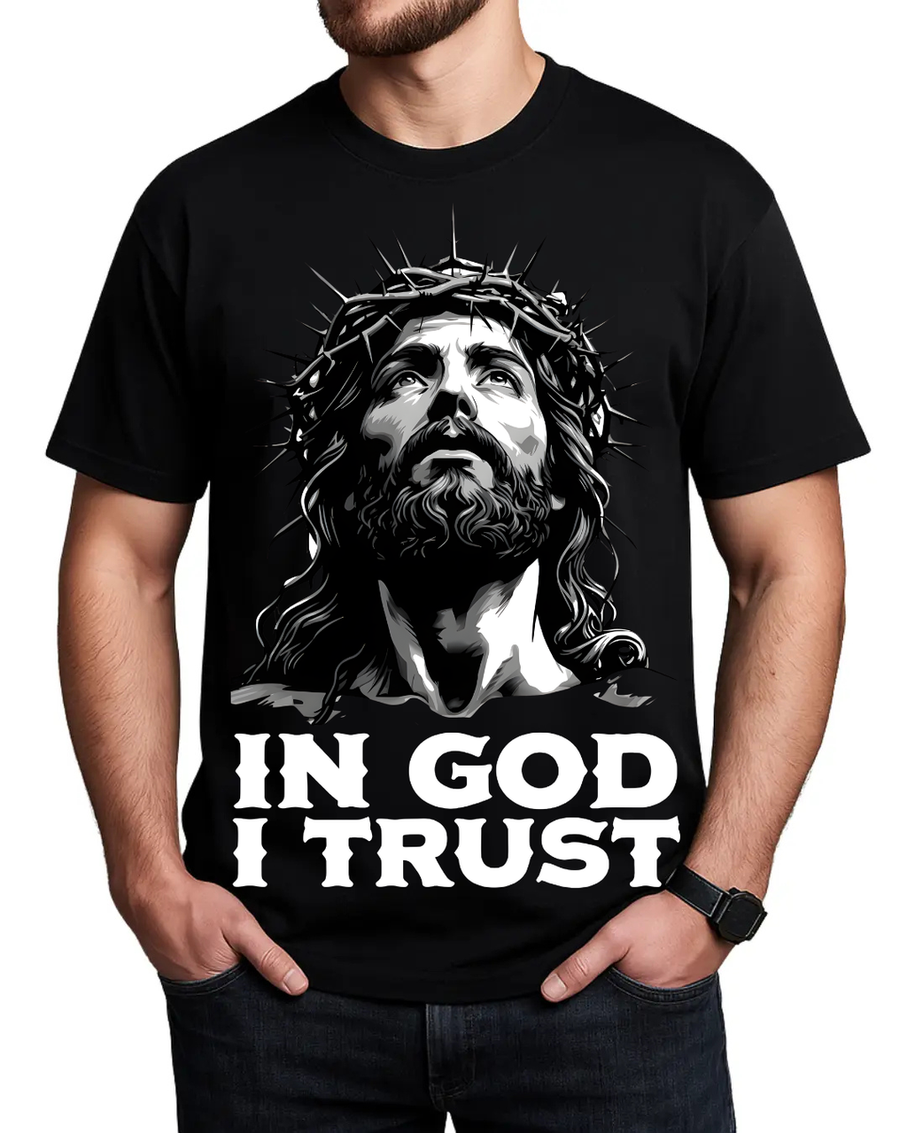 Jesus Christ In God I Trust Christian Faith Graphic Crewneck T-Shirt