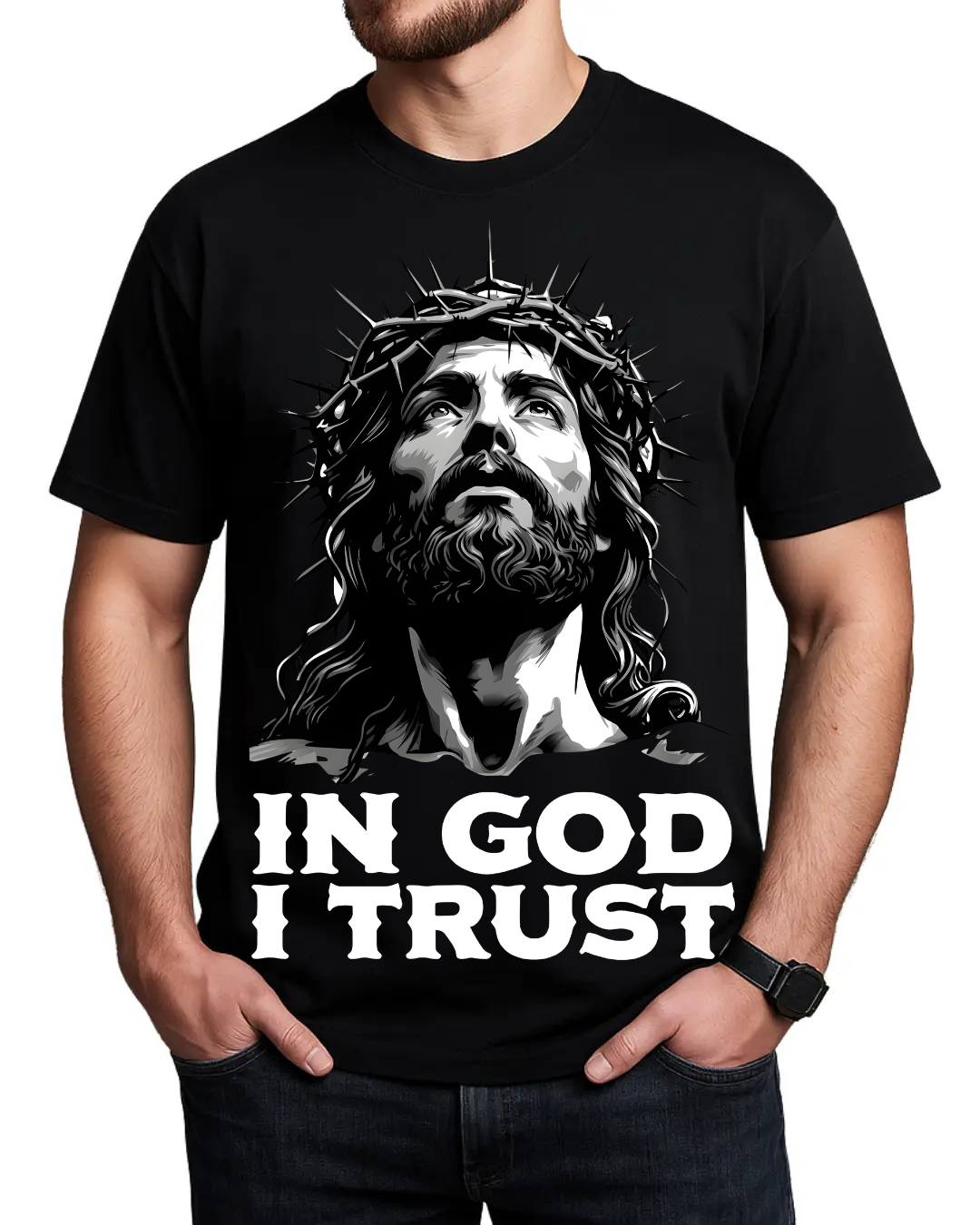 Jesus Christ In God I Trust Christian Faith Graphic Crewneck T-Shirt