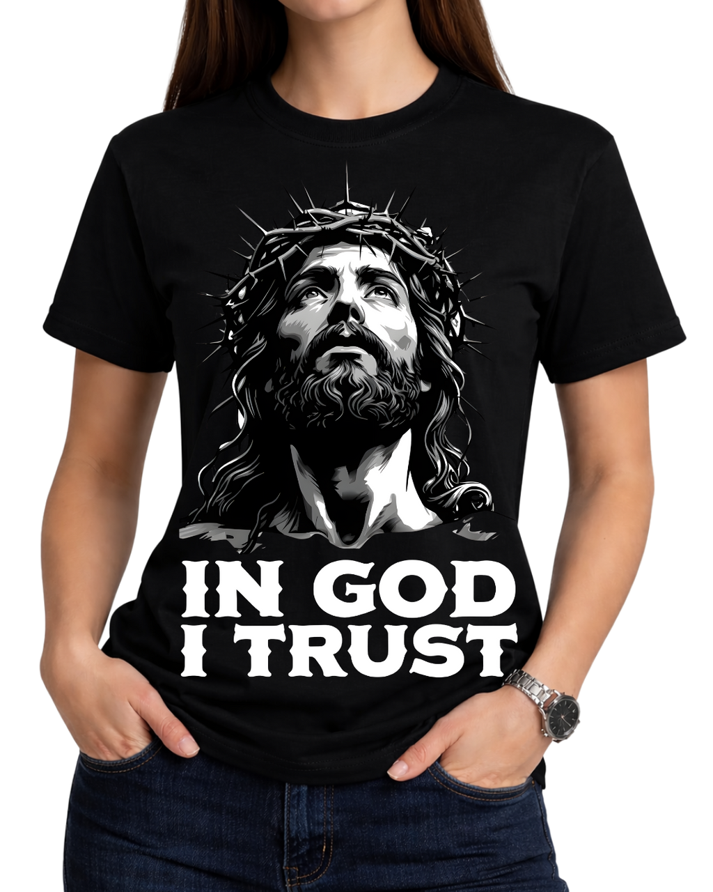 Jesus Christ In God I Trust Christian Faith Graphic Crewneck T-Shirt