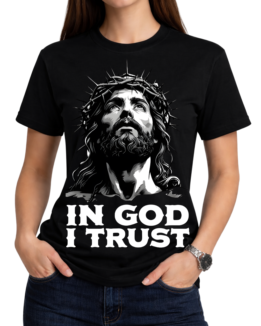 Jesus Christ In God I Trust Christian Faith Graphic Crewneck T-Shirt