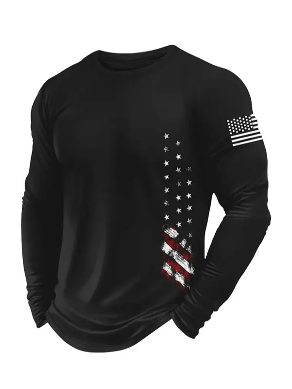 Men's American Flag  Pattern Long Sleeve 100% Cotton T-Shirt