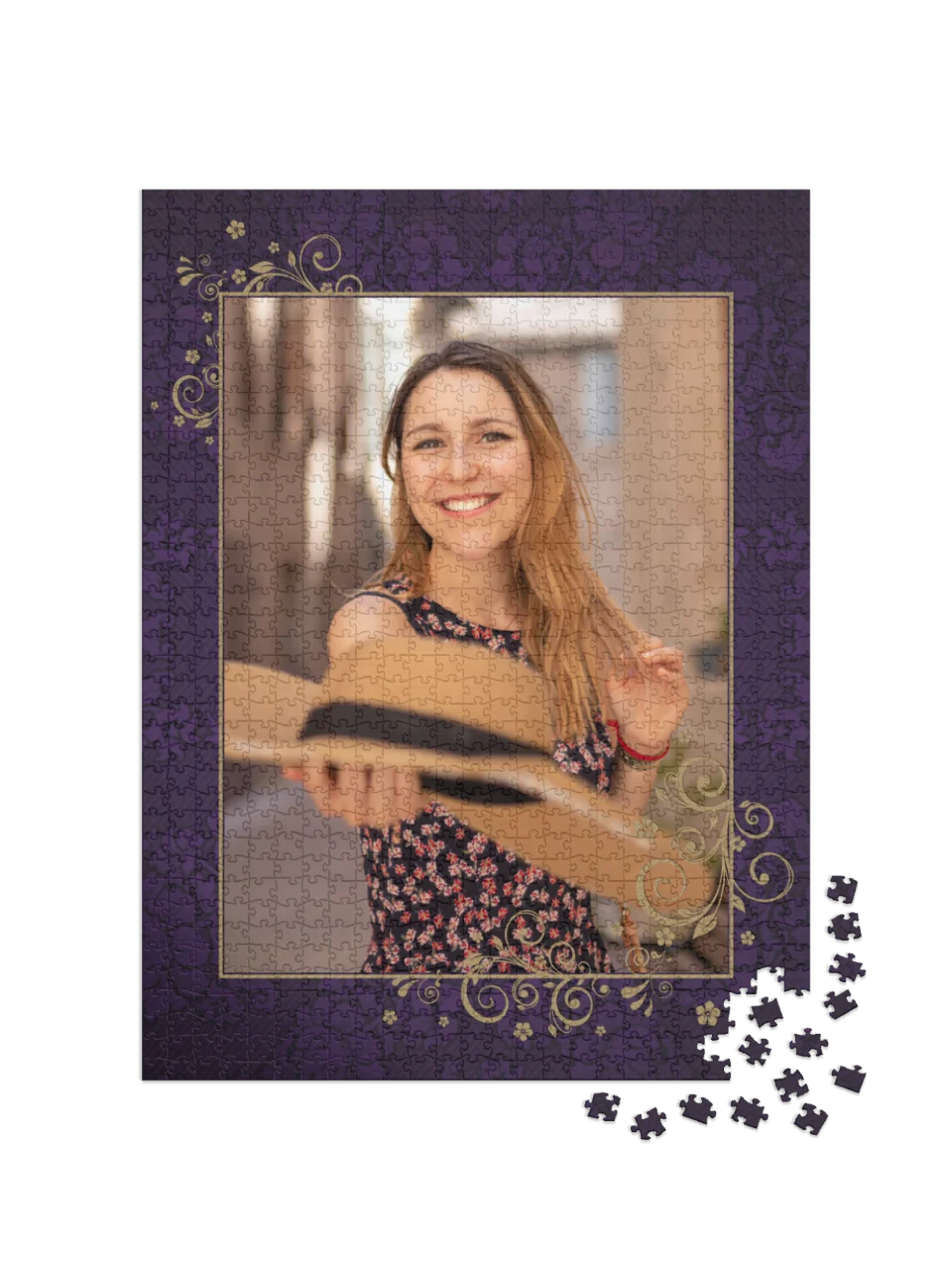 Gold & Purple Floral Custom Photo Jigsaw Puzzle (1 Photo, Portrait)