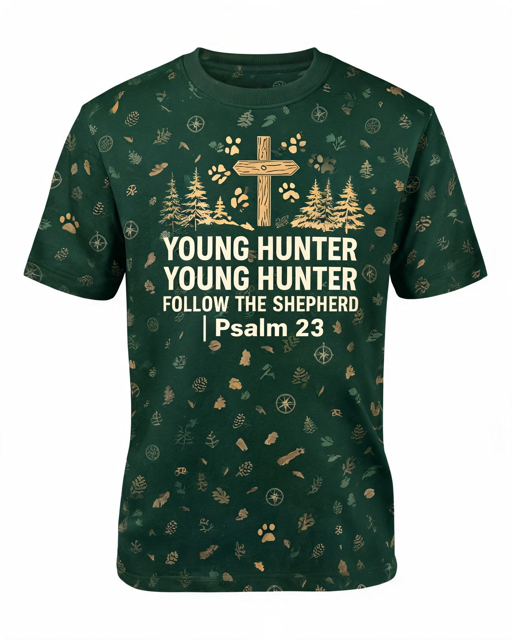 Christian Hunting Shirt Young Hunter Follow The Shepherd AOP Tee