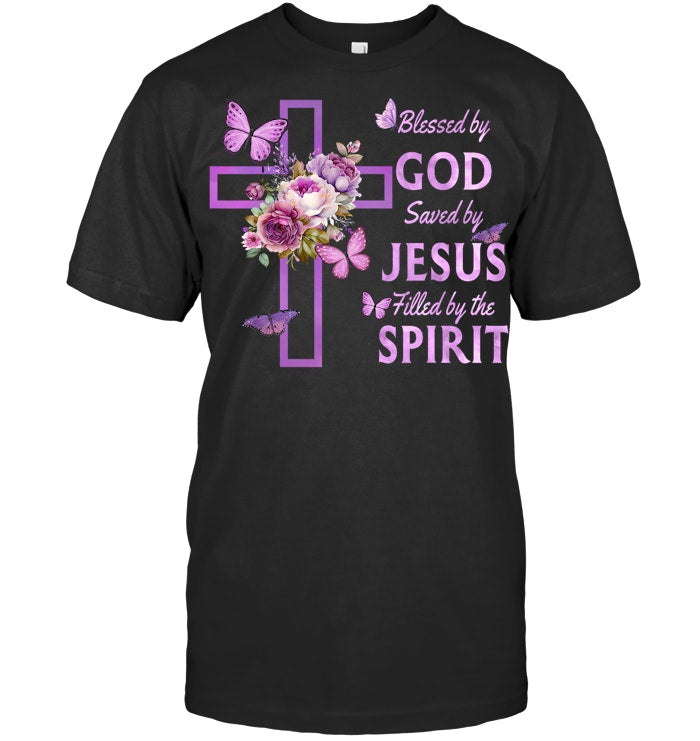 Blessed by God Saved by Jesus Purple Floral Cross Christian T Shirt