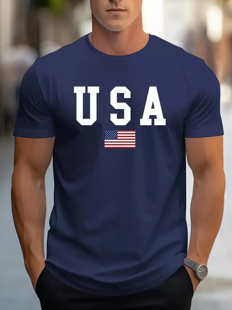 Patriotic USA Flag Print 100% Cotton T-Shirt