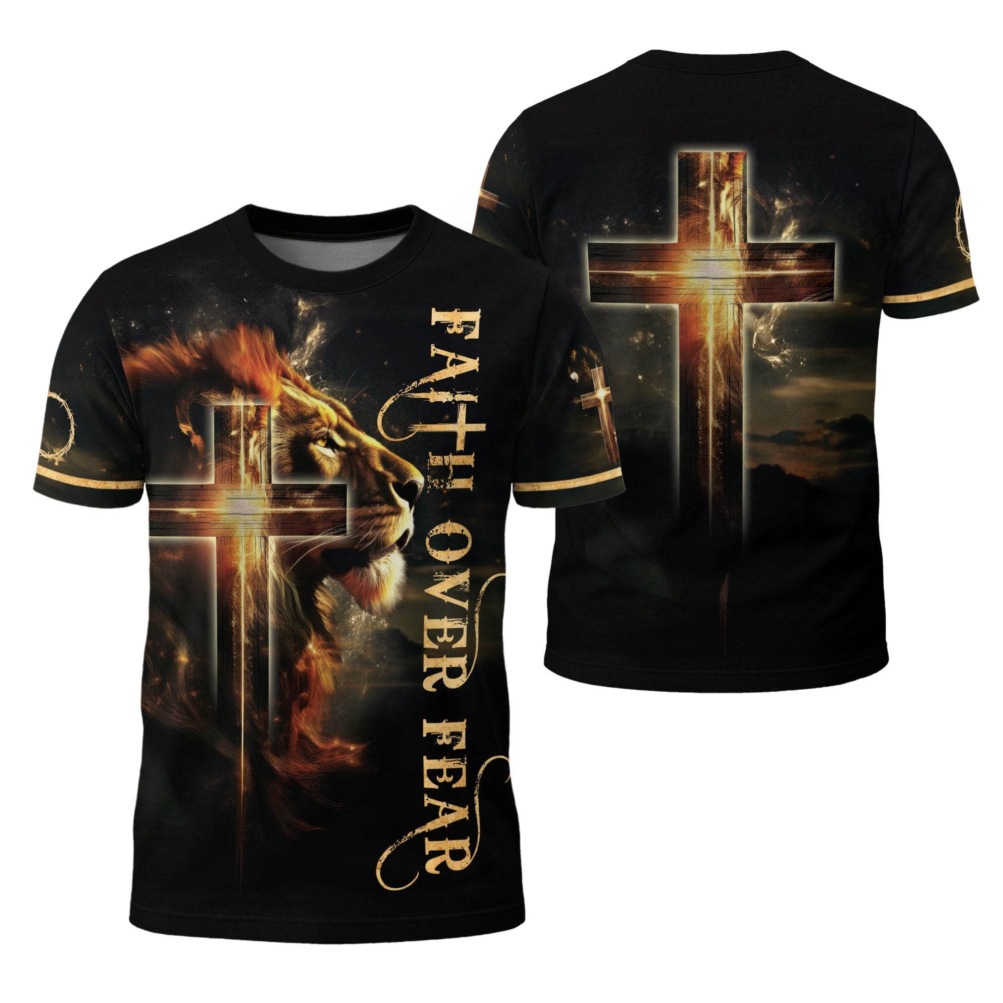 Faith Over Fear Lion and Cross Double-Sided Christian T-Shirt