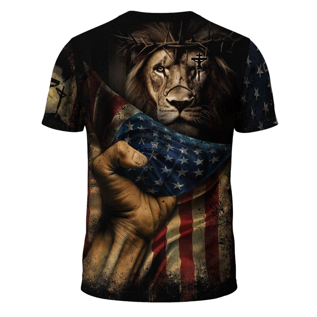 Faith Over Fear | Rugged Cross & Warrior Lion Patriotic Tee