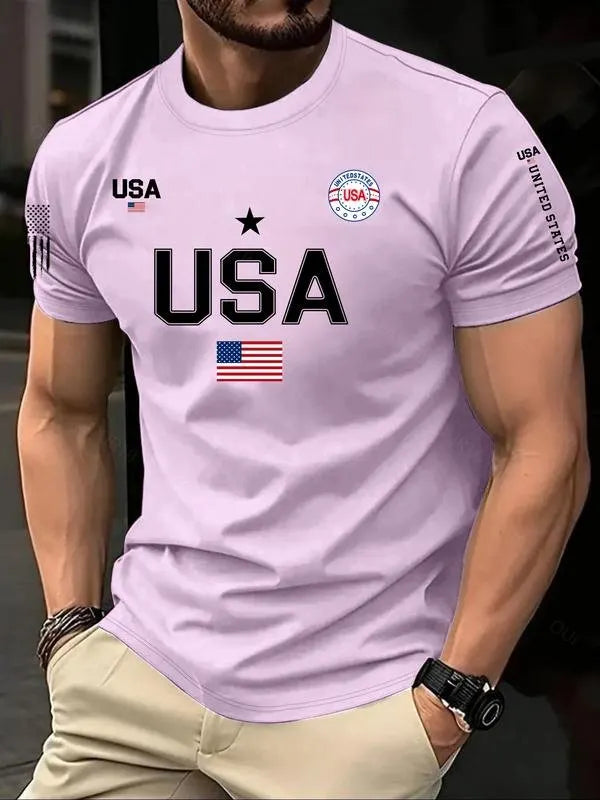 Men's USA Flag Print Round Neck Tee, Regular Fit Casual Short Sleeve Crew Neck T-Shirt for Summer, Fashion Men's Top for Daily Wear