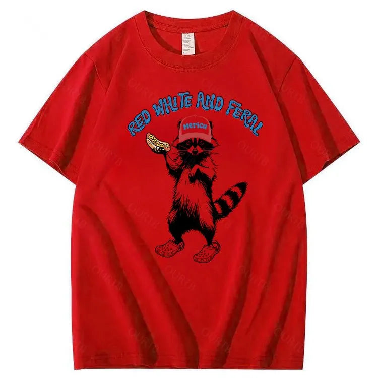 Red White Feral Racoon Graphic 100% Cotton T-Shirt
