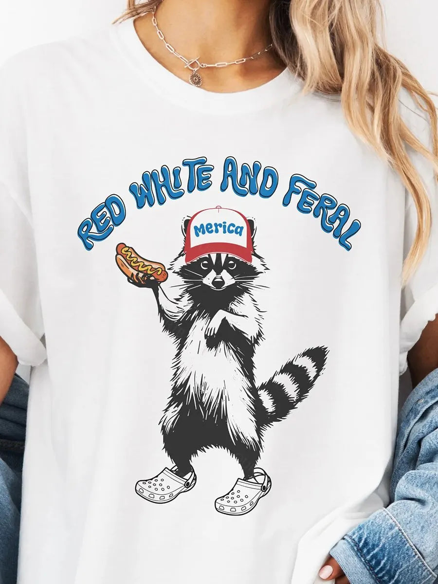 Red White Feral Racoon Graphic 100% Cotton T-Shirt
