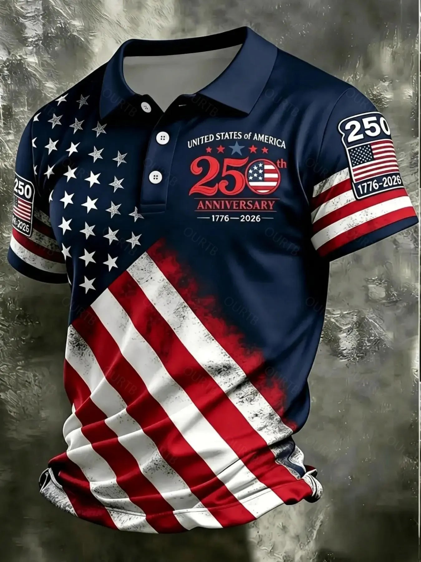 Patriotic American Flag Polo Shirt for Men, 250th Anniversary 1776-2026, Sporty Fitted Geometric Design, Ideal for 4th of July Gifts