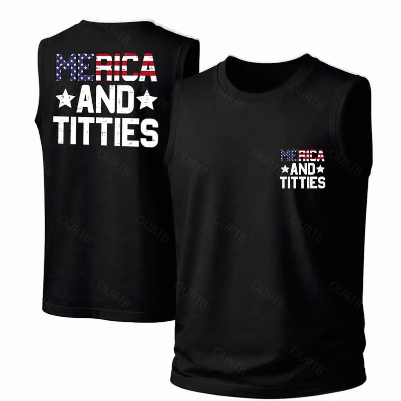 Merica And Titties Pattern Round Neck 100% Cotton Tank Top