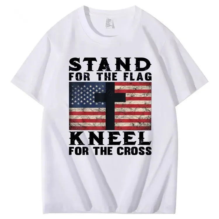 Stand For The Flag Kneel For The Cross Pattern Print 100%Cotton T-Shirt