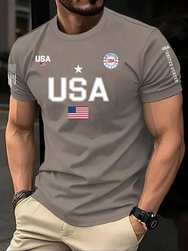 Men's USA Flag Print Round Neck Tee, Regular Fit Casual Short Sleeve Crew Neck T-Shirt for Summer, Fashion Men's Top for Daily Wear
