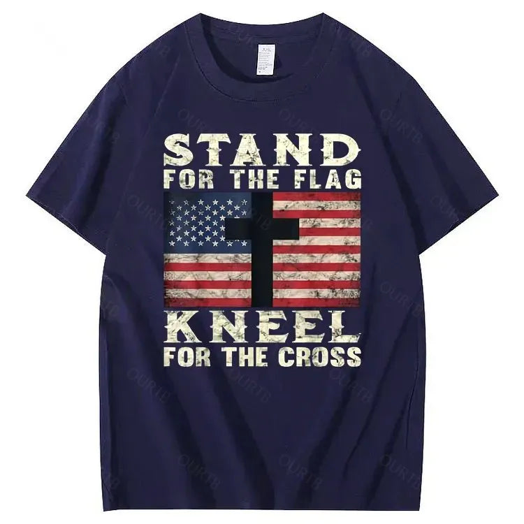 Stand For The Flag Kneel For The Cross Pattern Print 100%Cotton T-Shirt
