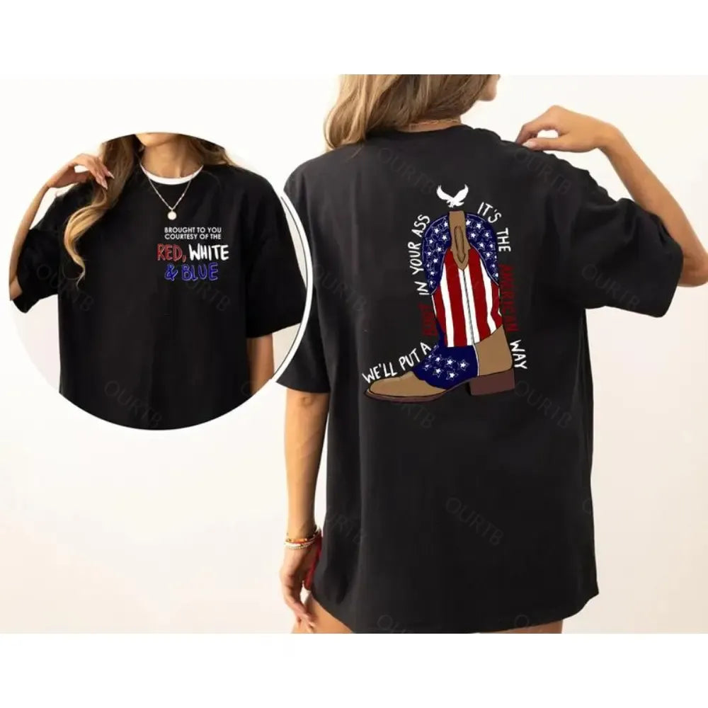 Red White And Blue  Pattern Print 100%Cotton T-Shirt