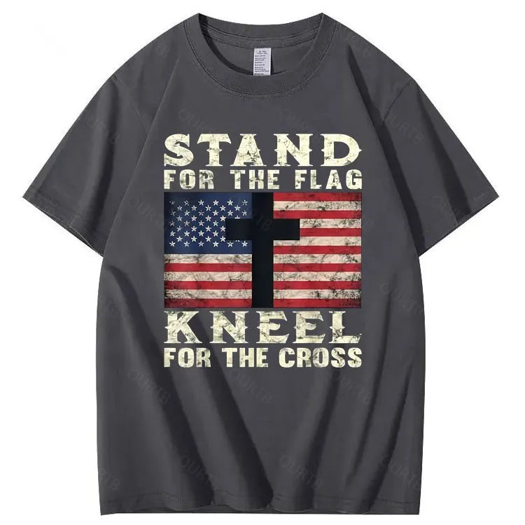 Stand For The Flag Kneel For The Cross Pattern Print 100%Cotton T-Shirt