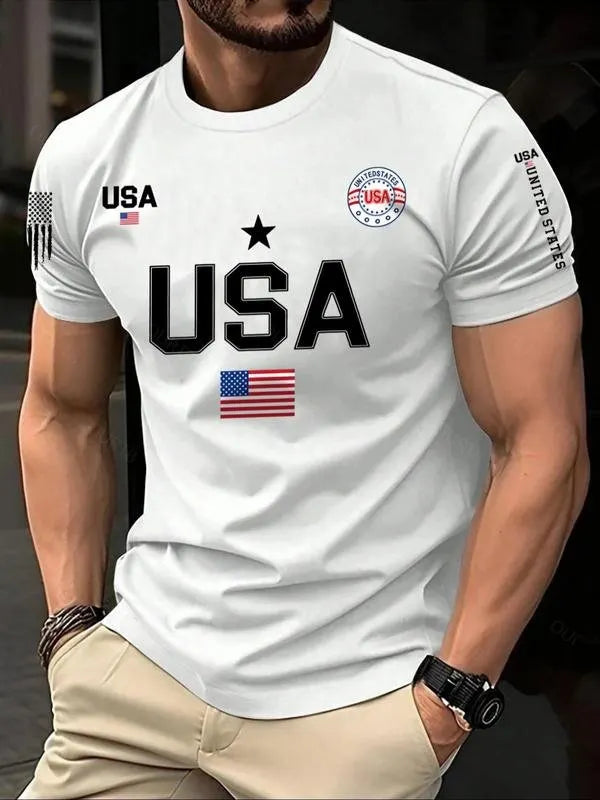 Men's USA Flag Print Round Neck Tee, Regular Fit Casual Short Sleeve Crew Neck T-Shirt for Summer, Fashion Men's Top for Daily Wear