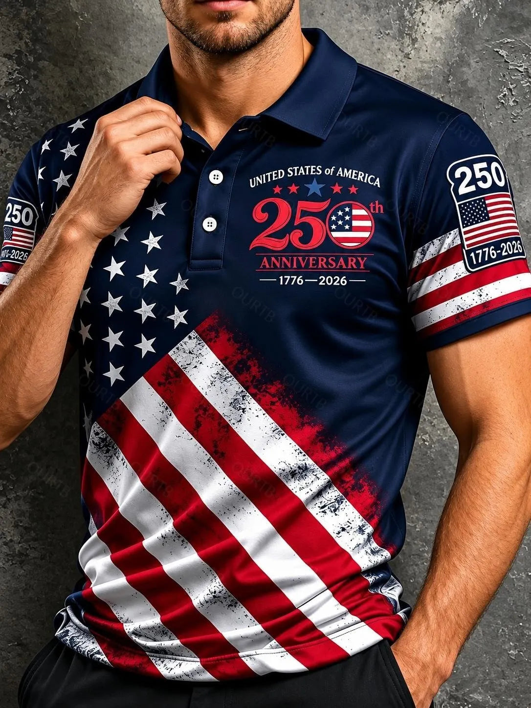 Patriotic American Flag Polo Shirt for Men, 250th Anniversary 1776-2026, Sporty Fitted Geometric Design, Ideal for 4th of July Gifts