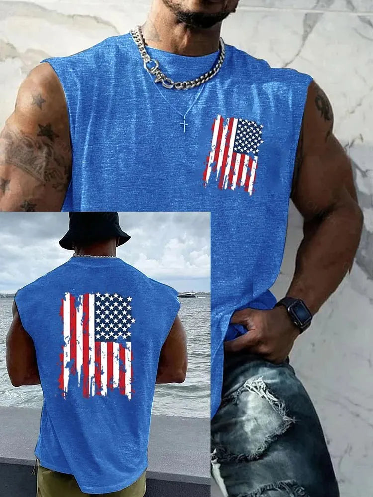 American Flag Pattern Round Neck 100% Cotton Tank Top