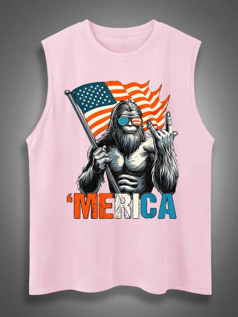 Merica Bigfoot Print Cotton Sleeveless Tank Tops