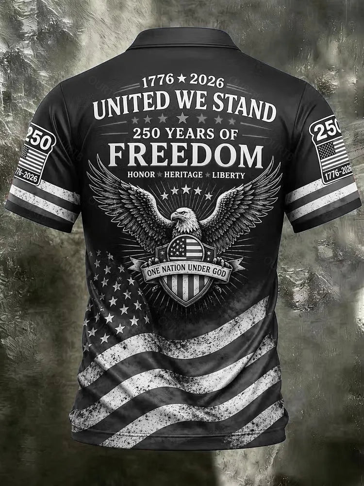Patriotic American Flag Polo Shirt for Men, 250th Anniversary 1776-2026, Sporty Fitted Geometric Design, Ideal for 4th of July Gifts