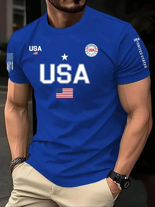 Men's USA Flag Print Round Neck Tee, Regular Fit Casual Short Sleeve Crew Neck T-Shirt for Summer, Fashion Men's Top for Daily Wear