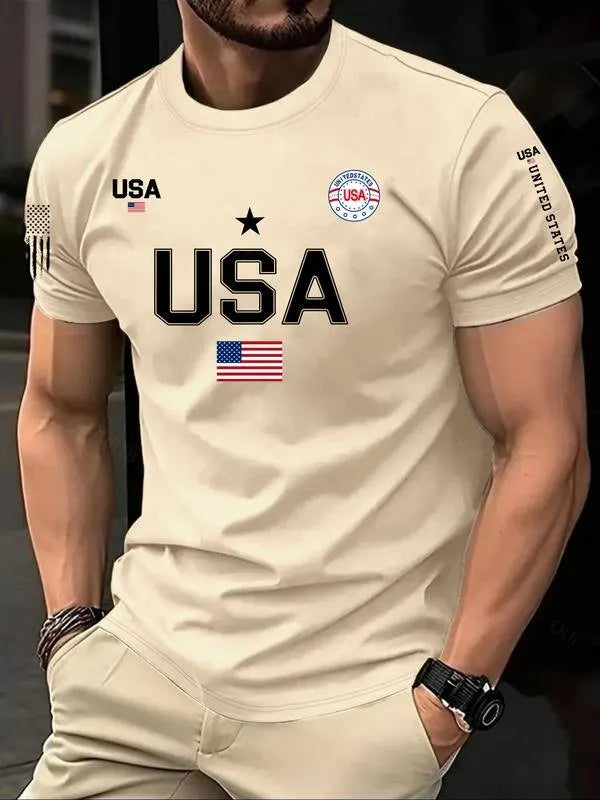 Men's USA Flag Print Round Neck Tee, Regular Fit Casual Short Sleeve Crew Neck T-Shirt for Summer, Fashion Men's Top for Daily Wear
