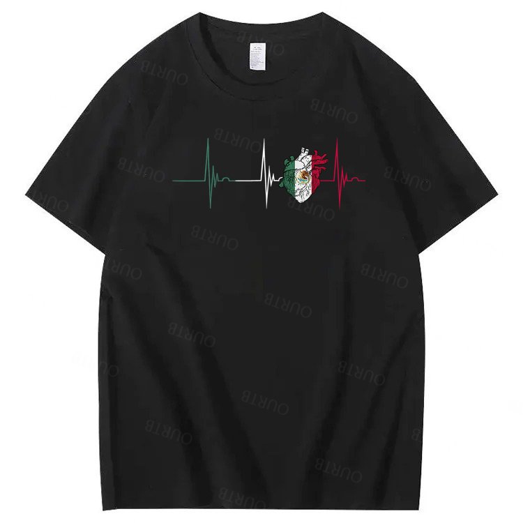 Men's Regular Fit Heartbeat & Mexico Flag Print Round Neck Tee, Casual Short Sleeve Crew Neck T-shirt for Summer, Fashion Men's Top for Daily Wear, Tropical