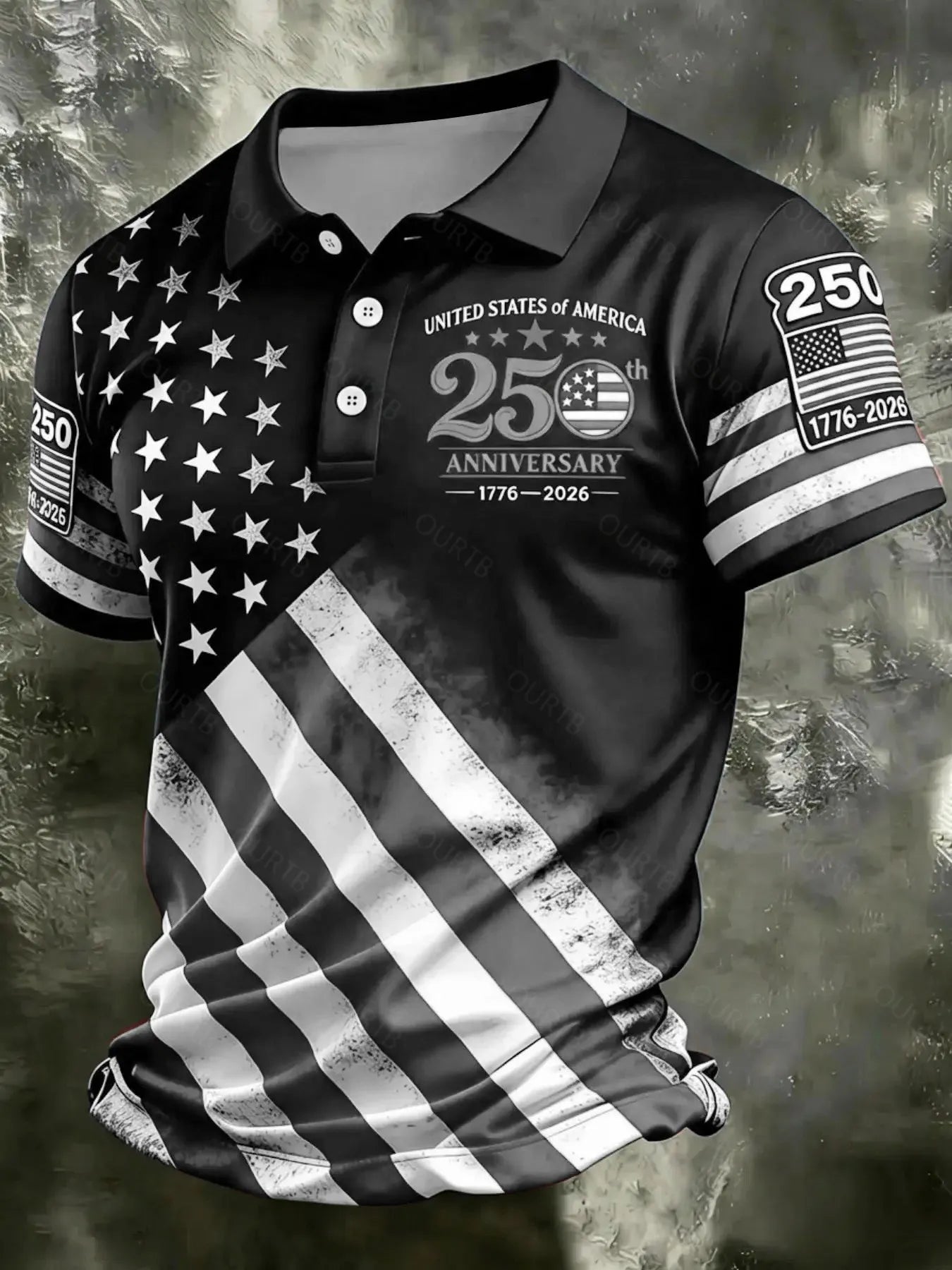 Patriotic American Flag Polo Shirt for Men, 250th Anniversary 1776-2026, Sporty Fitted Geometric Design, Ideal for 4th of July Gifts