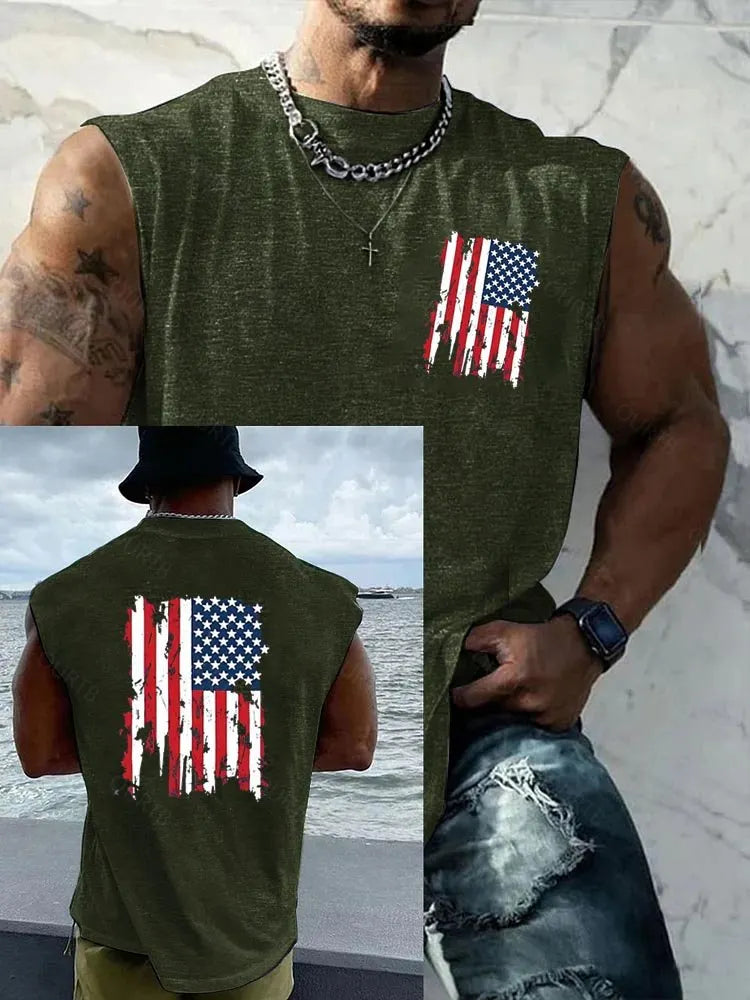 American Flag Pattern Round Neck 100% Cotton Tank Top