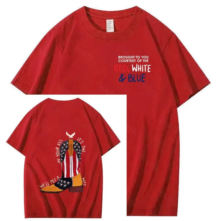Red White And Blue  Pattern Print 100%Cotton T-Shirt
