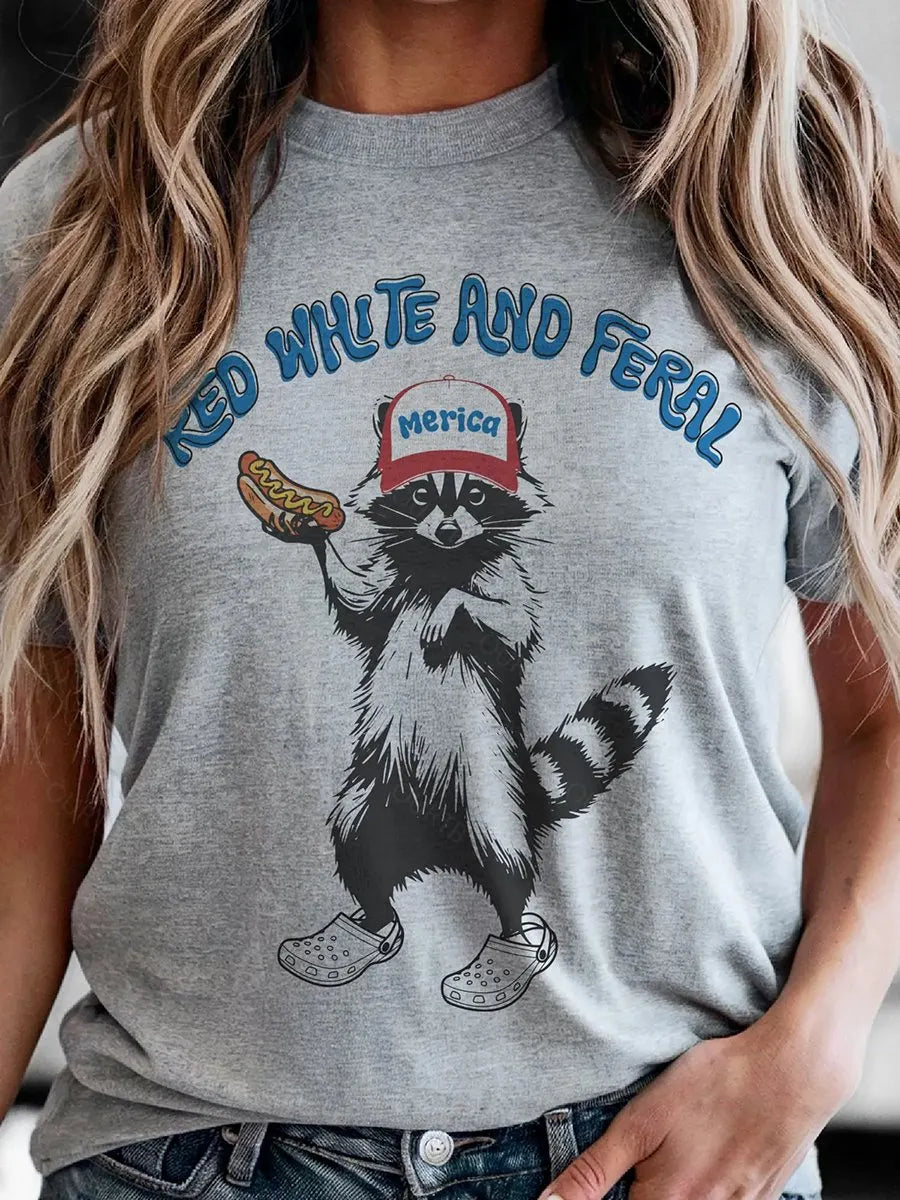 Red White Feral Racoon Graphic 100% Cotton T-Shirt