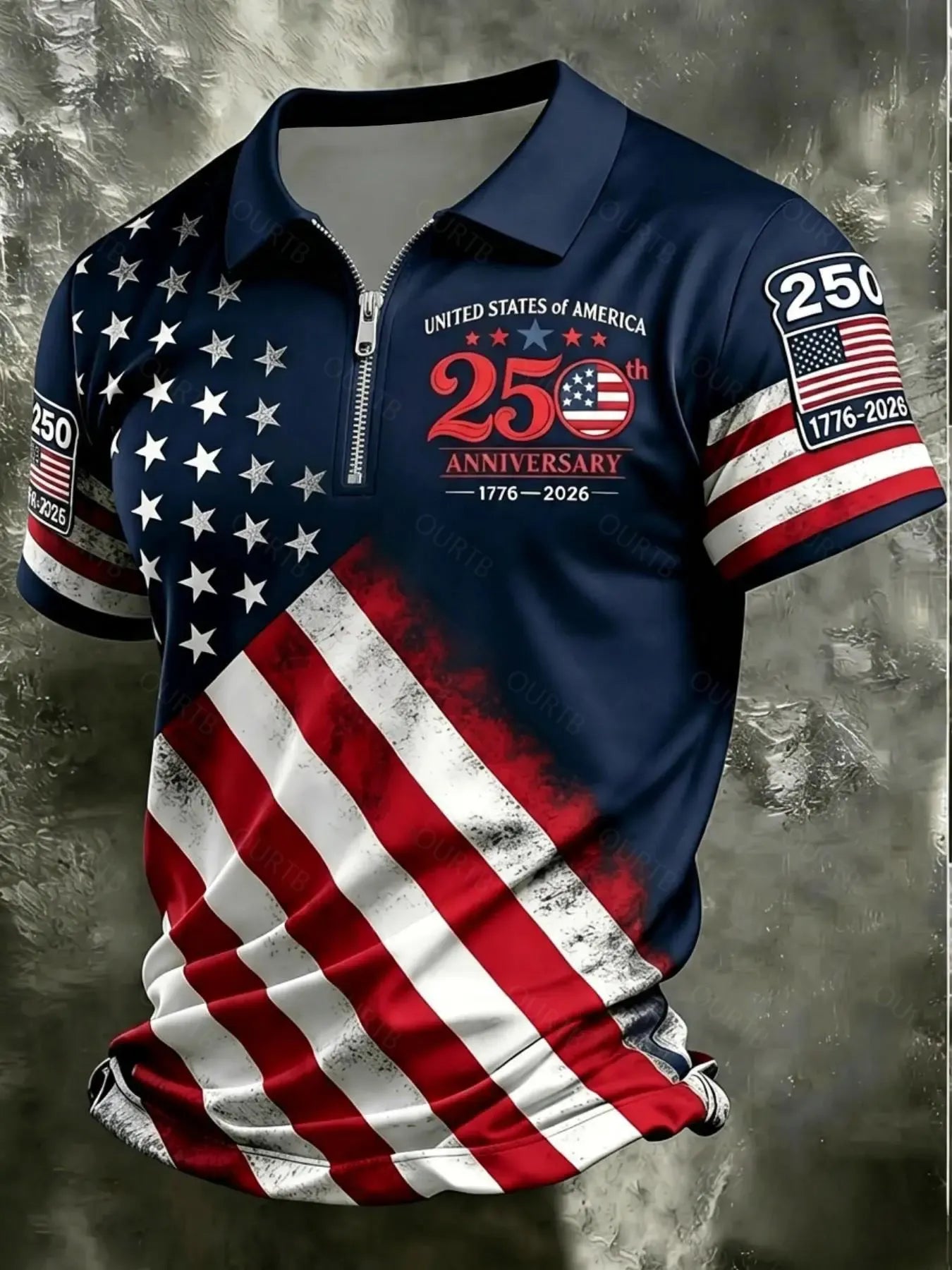Patriotic American Flag Polo Shirt for Men, 250th Anniversary 1776-2026, Sporty Fitted Geometric Design, Ideal for 4th of July Gifts
