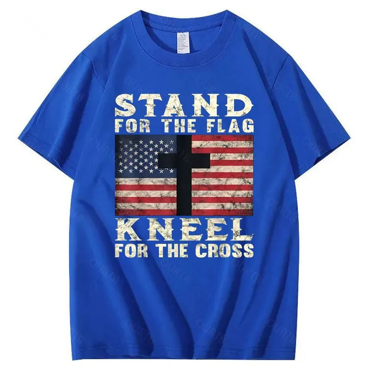 Stand For The Flag Kneel For The Cross Pattern Print 100%Cotton T-Shirt