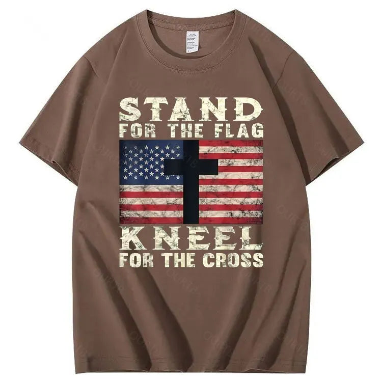 Stand For The Flag Kneel For The Cross Pattern Print 100%Cotton T-Shirt