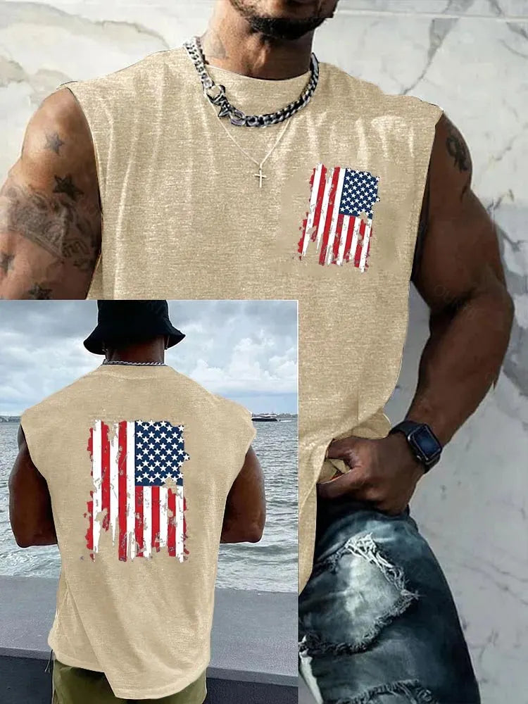 American Flag Pattern Round Neck 100% Cotton Tank Top