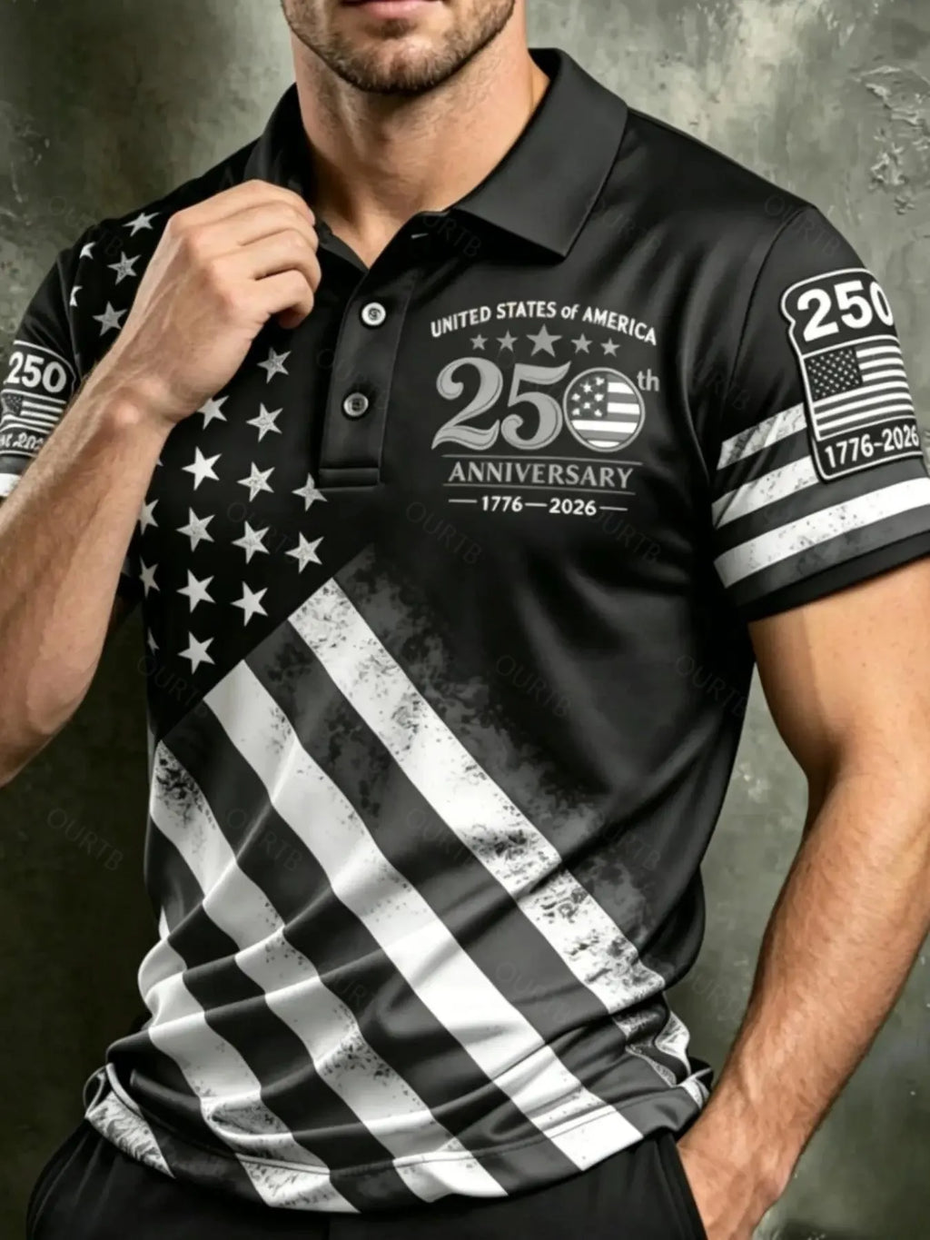Patriotic American Flag Polo Shirt for Men, 250th Anniversary 1776-2026, Sporty Fitted Geometric Design, Ideal for 4th of July Gifts