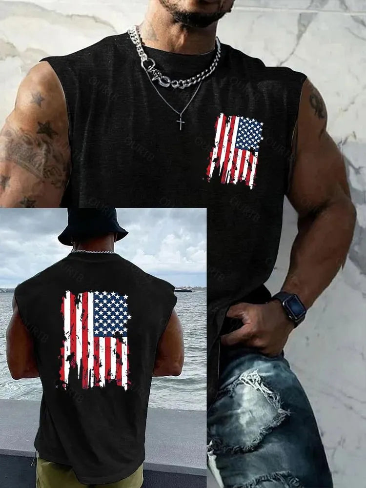 American Flag Pattern Round Neck 100% Cotton Tank Top