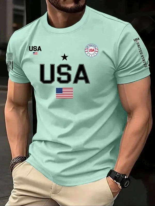 Men's USA Flag Print Round Neck Tee, Regular Fit Casual Short Sleeve Crew Neck T-Shirt for Summer, Fashion Men's Top for Daily Wear