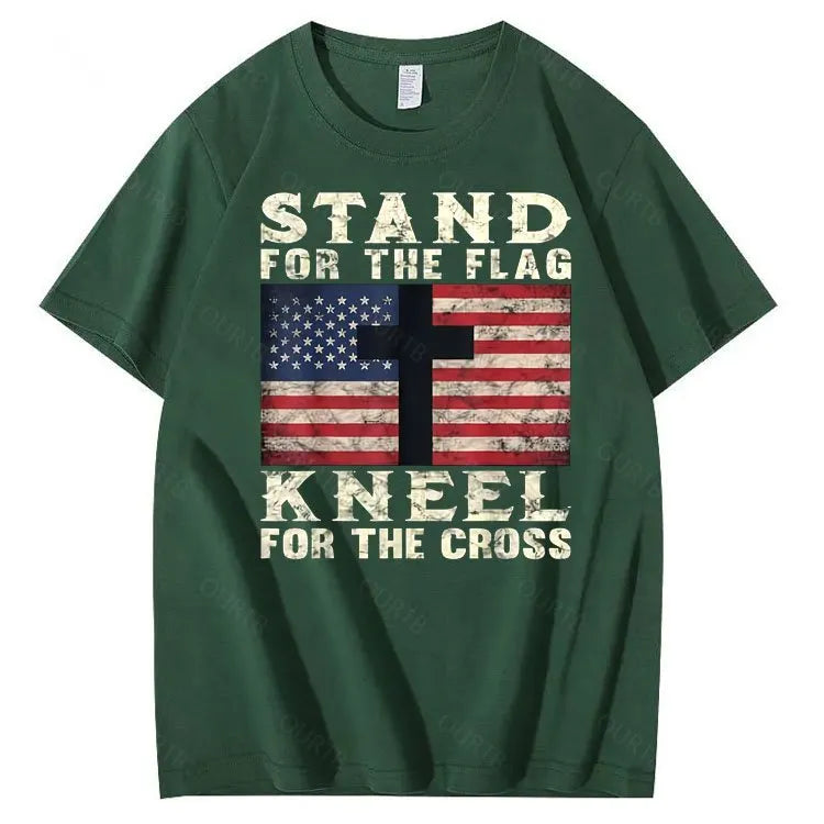 Stand For The Flag Kneel For The Cross Pattern Print 100%Cotton T-Shirt